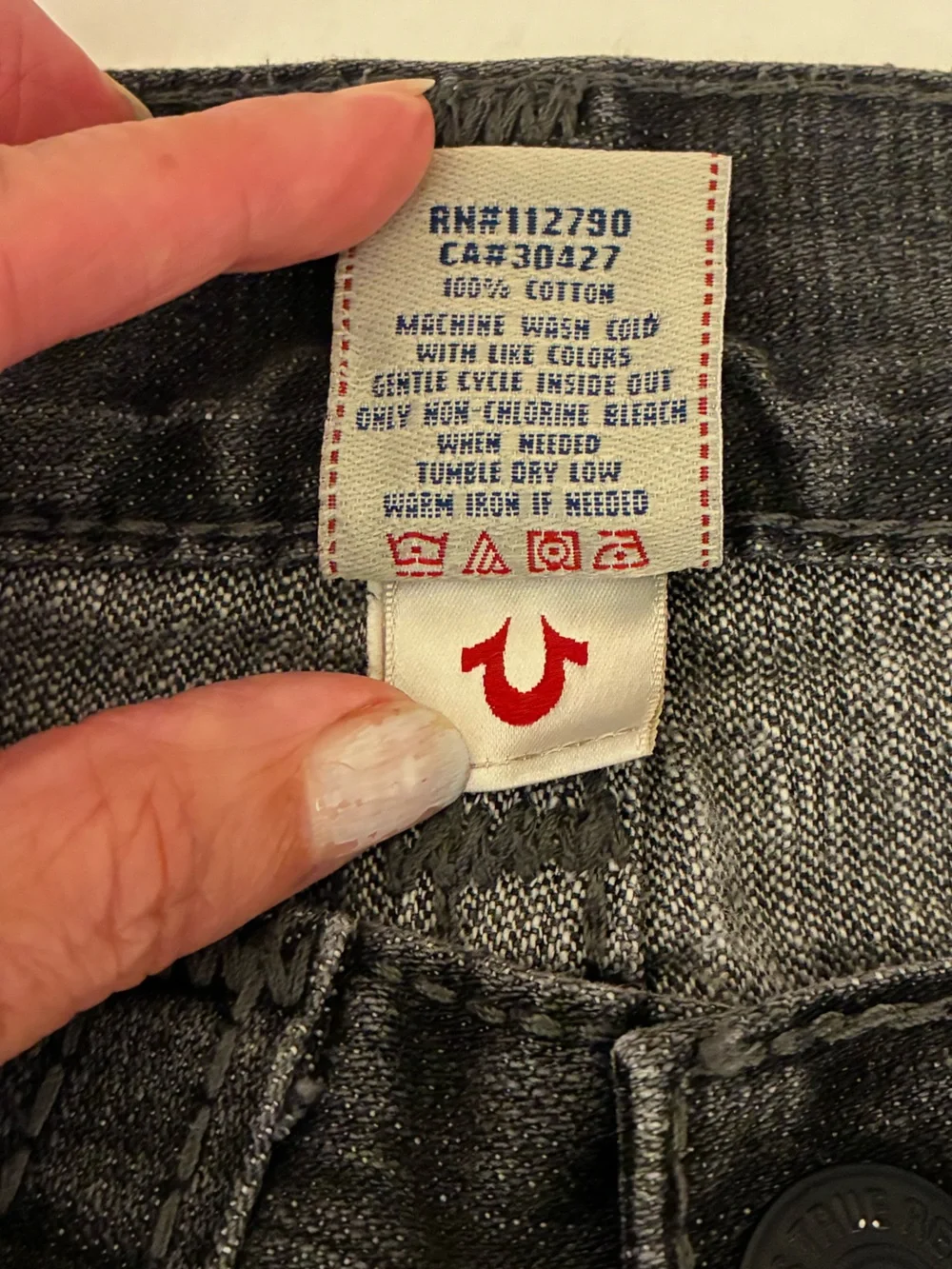 True Religion Jeans Men 36x32  Ricky Big T Flap Pockets Faded Black Grunge